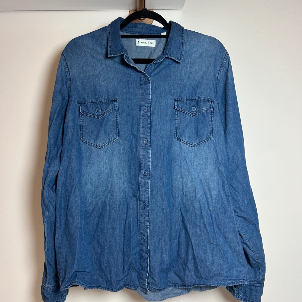 American Tall Womens 2XL Tall Denim Button Down Shirt Medium Wash Cotton